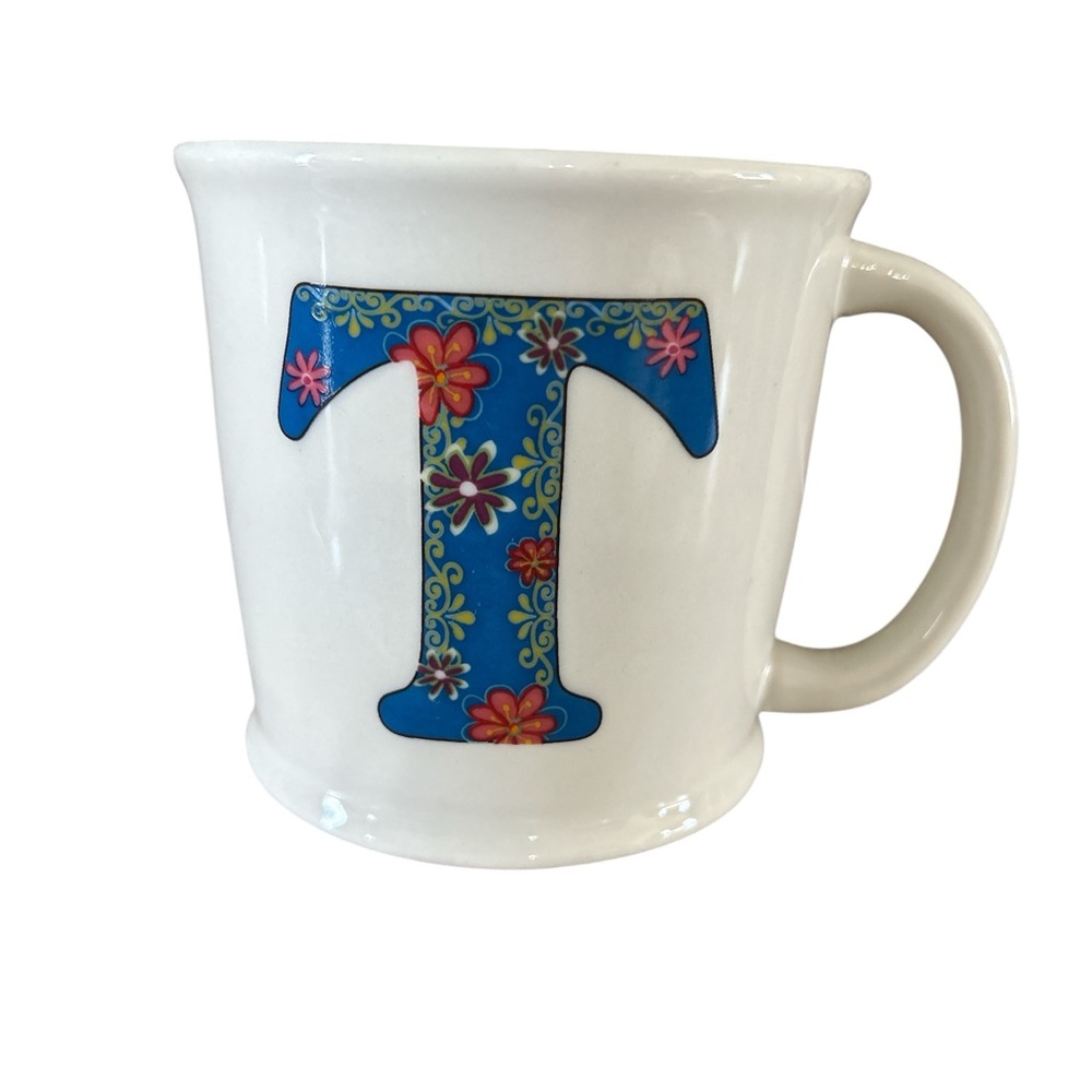 Natural Life "T" Monogram Ceramic Boho Floral Coffee Tea Mug